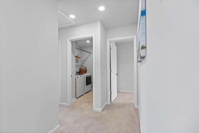 211 Squire Pope Rd, Summerville, SC 29486 - corridor with washer and dryer, light carpet, baseboards, recessed lighting, and attic access