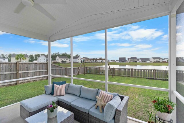 211 Squire Pope Rd, Summerville, SC 29486 - sunroom / solarium featuring a water view, outdoor lounge area, a ceiling fan, a residential view, and vaulted ceiling