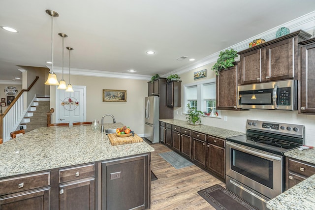 220 Brutus Ln, Summerville, SC 29485 - kitchen with stainless steel appliances, crown molding, dark brown cabinets, light stone counters, and wood finished floors