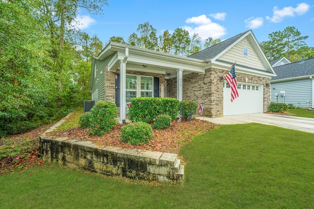 220 Brutus Ln, Summerville, SC 29485 - view of front of property with concrete driveway, an attached garage, a front yard, stone siding, and cooling unit