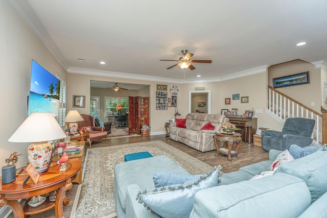 220 Brutus Ln, Summerville, SC 29485 - living room with ceiling fan, wood finished floors, ornamental molding, stairs, and recessed lighting