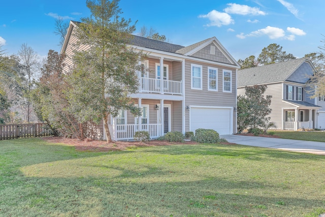 view of front of house featuring a garage, a balcony, a front lawn, and concrete driveway