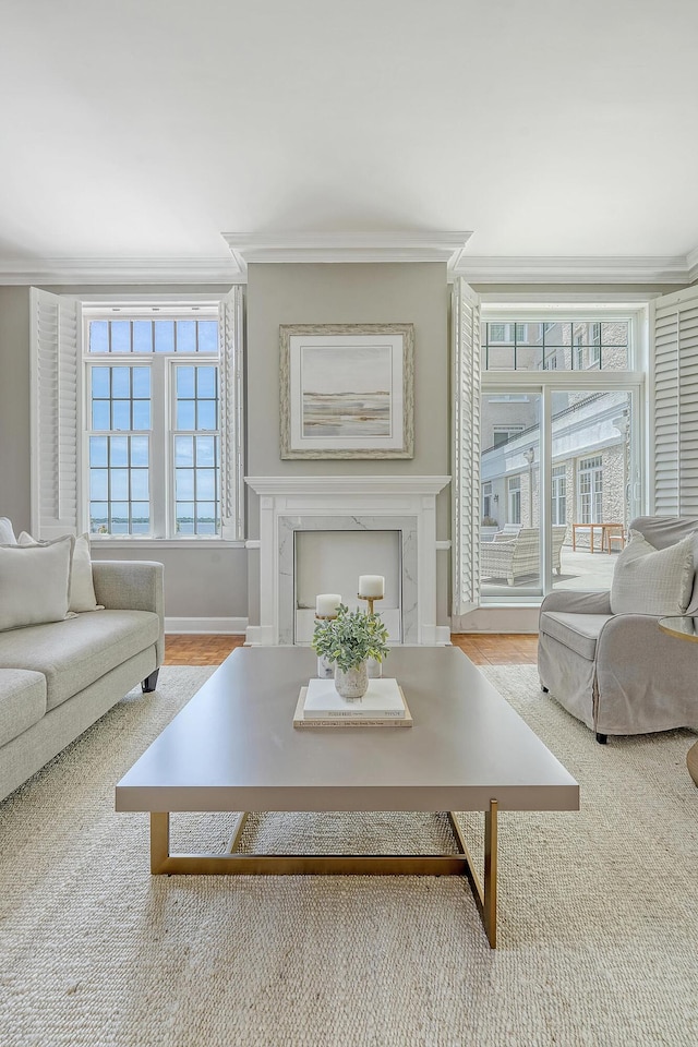 1 King Street 209 & 210, Charleston, SC 29401 - living area featuring crown molding and a fireplace