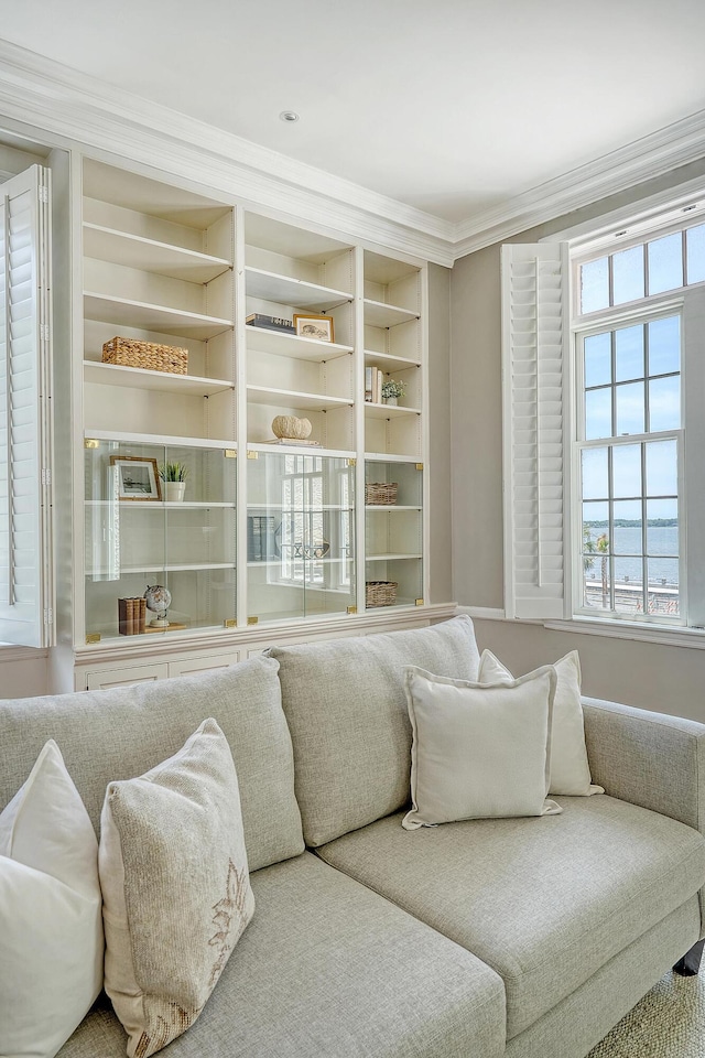 1 King Street 209 & 210, Charleston, SC 29401 - living area with ornamental molding and built in shelves
