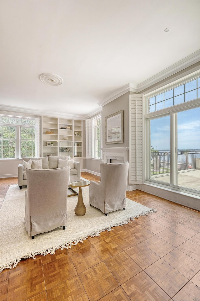 1 King Street 209 & 210, Charleston, SC 29401 - living room featuring a fireplace and ornamental molding