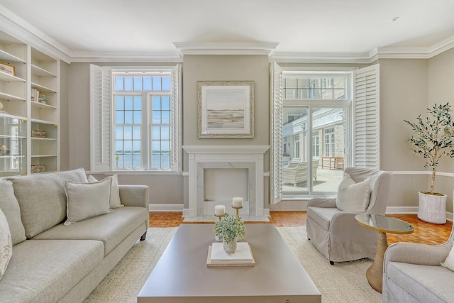 1 King Street 209 & 210, Charleston, SC 29401 - living room featuring crown molding, wood finished floors, built in features, and a high end fireplace