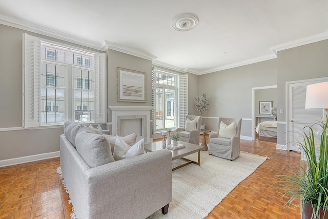 1 King Street 209 & 210, Charleston, SC 29401 - living room featuring ornamental molding and a high end fireplace