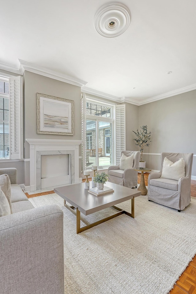 1 King Street 209 & 210, Charleston, SC 29401 - living room with ornamental molding and a high end fireplace