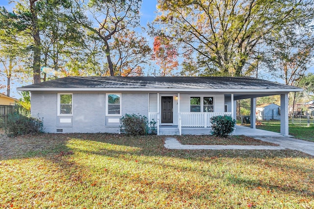 single story home with a front lawn, a porch, and a carport