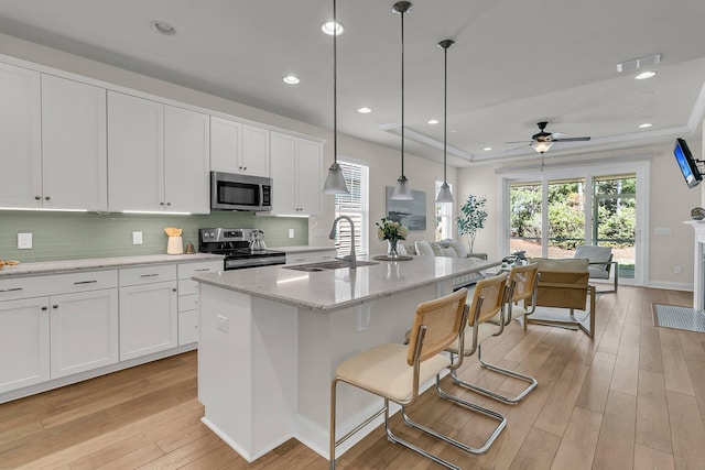 kitchen featuring a ceiling fan, appliances with stainless steel finishes, a sink, light wood-type flooring, and open floor plan