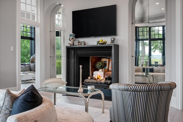 79 Trailing Vine Way, Kiawah Island, SC 29455 - living area featuring a warm lit fireplace, wood finished floors, and arched walkways