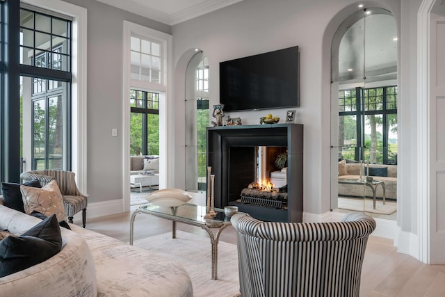 79 Trailing Vine Way, Kiawah Island, SC 29455 - living room with a lit fireplace, ornamental molding, and light wood finished floors