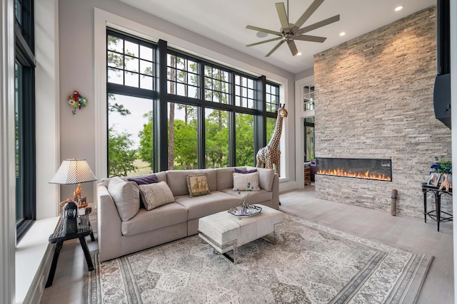 79 Trailing Vine Way, Kiawah Island, SC 29455 - living area featuring plenty of natural light, ceiling fan, a fireplace, recessed lighting, and wood finished floors