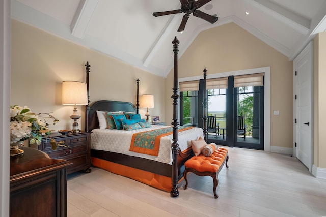 79 Trailing Vine Way, Kiawah Island, SC 29455 - bedroom featuring access to exterior, light wood finished floors, beam ceiling, a ceiling fan, and high vaulted ceiling