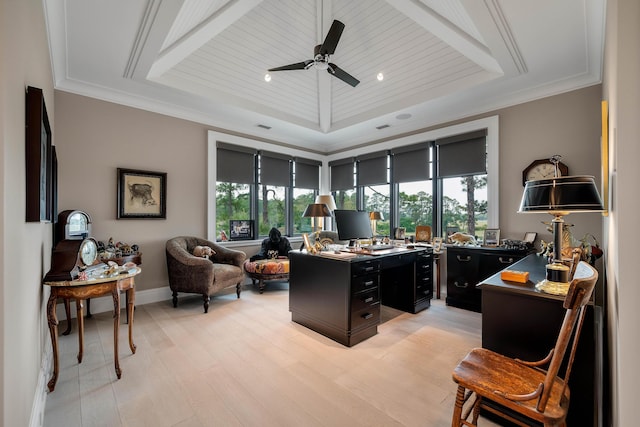 79 Trailing Vine Way, Kiawah Island, SC 29455 - home office with a tray ceiling, ceiling fan, light wood-style floors, ornamental molding, and wooden ceiling
