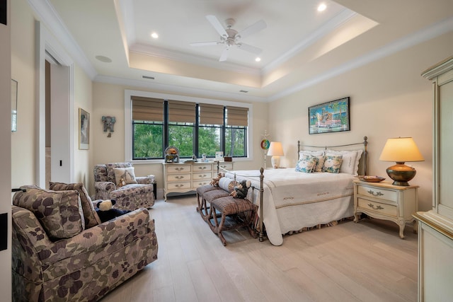 79 Trailing Vine Way, Kiawah Island, SC 29455 - bedroom with a raised ceiling, light wood-style floors, ornamental molding, a ceiling fan, and recessed lighting