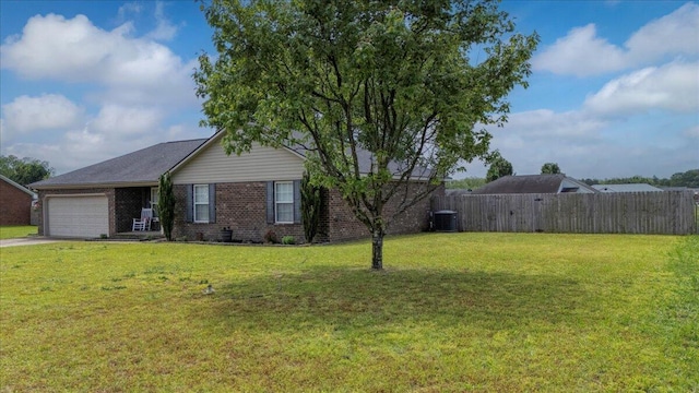 single story home with a front lawn, central air condition unit, brick siding, an attached garage, and fence