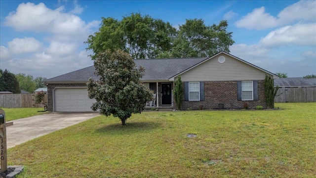 ranch-style home featuring a front yard, driveway, brick siding, an attached garage, and fence