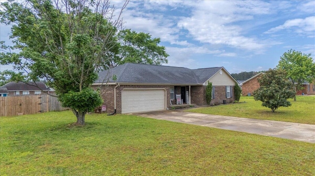 ranch-style home featuring brick siding, fence, concrete driveway, and an attached garage