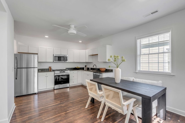 kitchen with sink, appliances with stainless steel finishes, dark hardwood / wood-style flooring, ceiling fan, and white cabinets