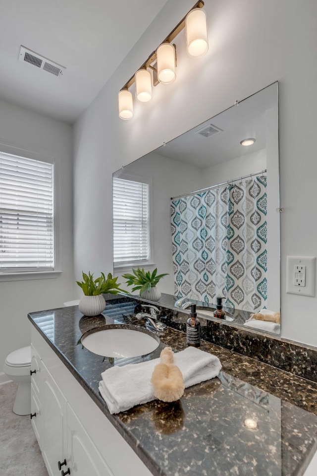 bathroom with vanity, a healthy amount of sunlight, and toilet