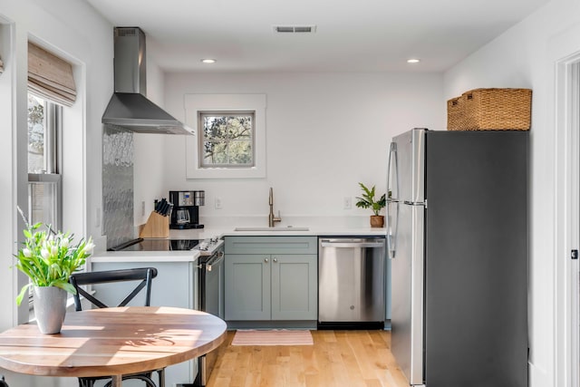 kitchen featuring stainless steel appliances, a sink, visible vents, light countertops, and wall chimney range hood