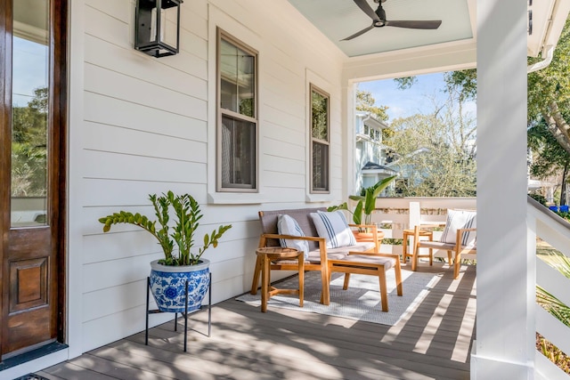 exterior space featuring ceiling fan