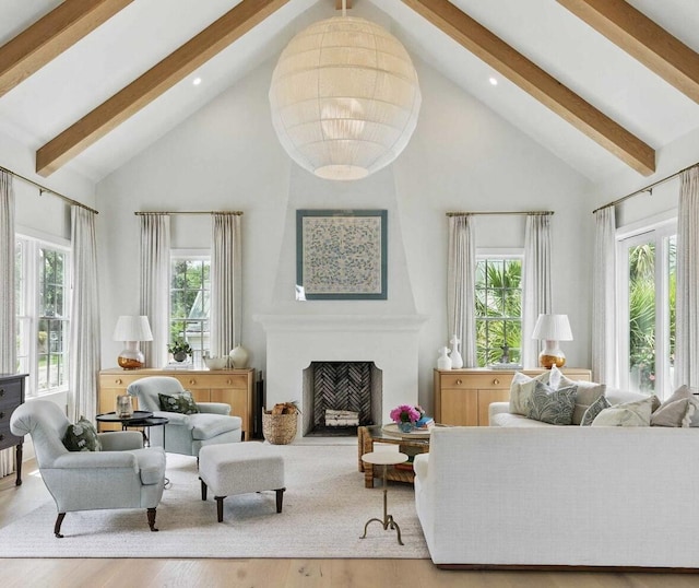 926 Pitt St, Mount Pleasant, SC 29464 - living area featuring high vaulted ceiling, beam ceiling, plenty of natural light, wood finished floors, and recessed lighting