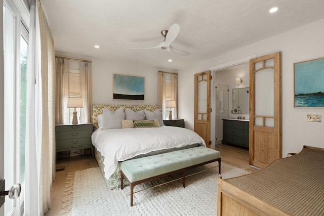 926 Pitt St, Mount Pleasant, SC 29464 - bedroom featuring recessed lighting, light wood-style flooring, ensuite bath, and a ceiling fan