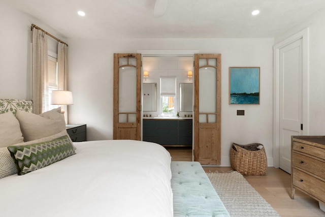 926 Pitt St, Mount Pleasant, SC 29464 - bedroom featuring light wood-style floors, ensuite bathroom, recessed lighting, and ceiling fan