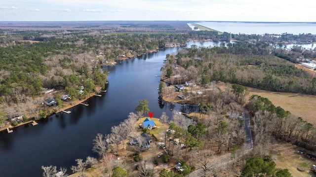 drone / aerial view featuring a view of trees and a water view