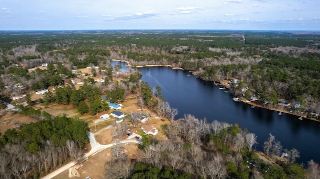 bird's eye view featuring a forest view and a water view