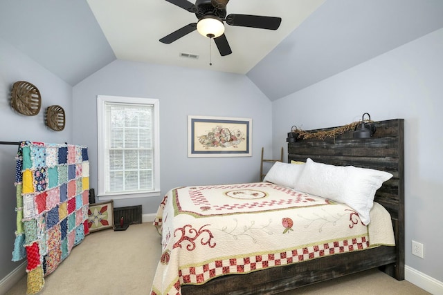 bedroom featuring vaulted ceiling, carpet flooring, baseboards, and visible vents