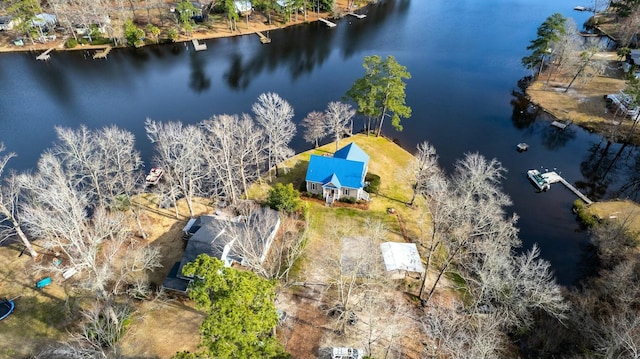 birds eye view of property with a water view