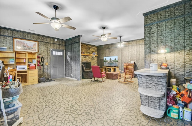 276 S Railroad Ave, Harleyville, SC 29448 - living room featuring ornamental molding, a ceiling fan, and visible vents