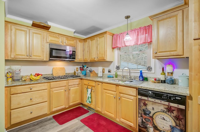 276 S Railroad Ave, Harleyville, SC 29448 - kitchen with stainless steel appliances, light brown cabinets, a sink, and ornamental molding