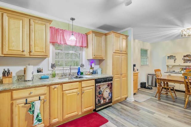 276 S Railroad Ave, Harleyville, SC 29448 - kitchen with light brown cabinets, light wood-style flooring, dishwashing machine, pendant lighting, and a sink