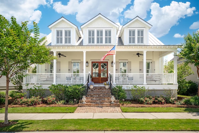 371 Bridgetown Pass, Mount Pleasant, SC 29464 - view of front of house with covered porch, a ceiling fan, french doors, and a metal roof