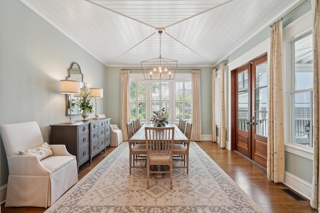 371 Bridgetown Pass, Mount Pleasant, SC 29464 - dining space with french doors, a chandelier, dark wood finished floors, crown molding, and wood ceiling