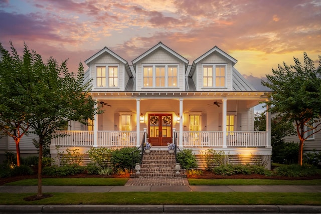 371 Bridgetown Pass, Mount Pleasant, SC 29464 - view of front of house with a porch, a ceiling fan, french doors, and stairway