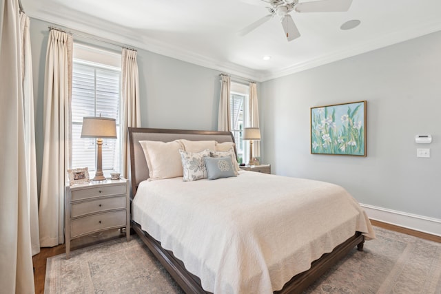 371 Bridgetown Pass, Mount Pleasant, SC 29464 - bedroom featuring wood finished floors, ornamental molding, recessed lighting, and ceiling fan