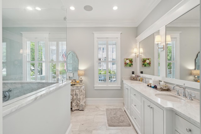 371 Bridgetown Pass, Mount Pleasant, SC 29464 - full bath with double vanity, crown molding, marble finish flooring, and recessed lighting