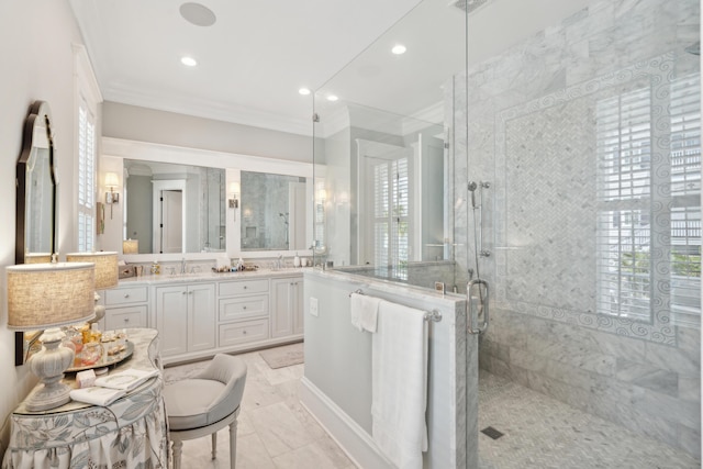 371 Bridgetown Pass, Mount Pleasant, SC 29464 - full bathroom with crown molding, a stall shower, vanity, and recessed lighting