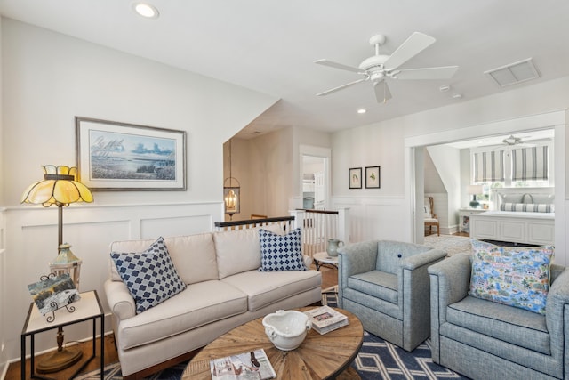 371 Bridgetown Pass, Mount Pleasant, SC 29464 - living room with a ceiling fan, a decorative wall, recessed lighting, and a wainscoted wall