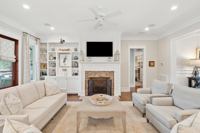 371 Bridgetown Pass, Mount Pleasant, SC 29464 - living area featuring a fireplace with flush hearth, ornamental molding, ceiling fan, light wood-style flooring, and recessed lighting