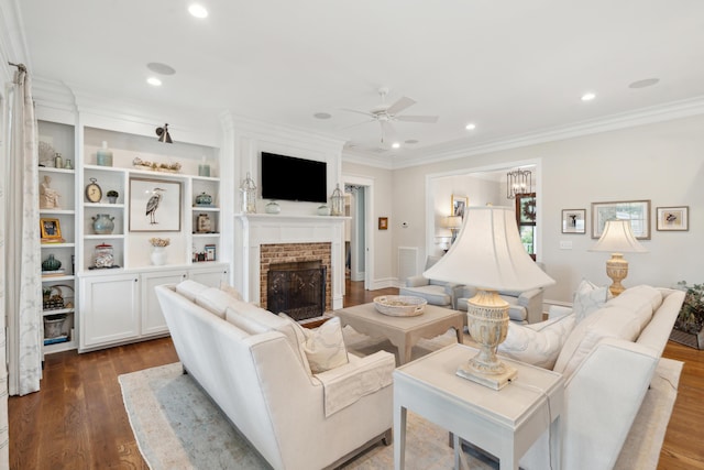 371 Bridgetown Pass, Mount Pleasant, SC 29464 - living room featuring crown molding, ceiling fan, a fireplace, dark wood-style floors, and recessed lighting
