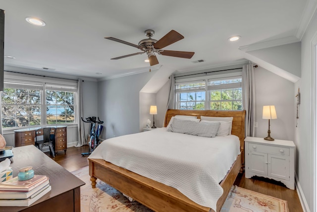 bedroom with visible vents, a ceiling fan, wood finished floors, crown molding, and recessed lighting