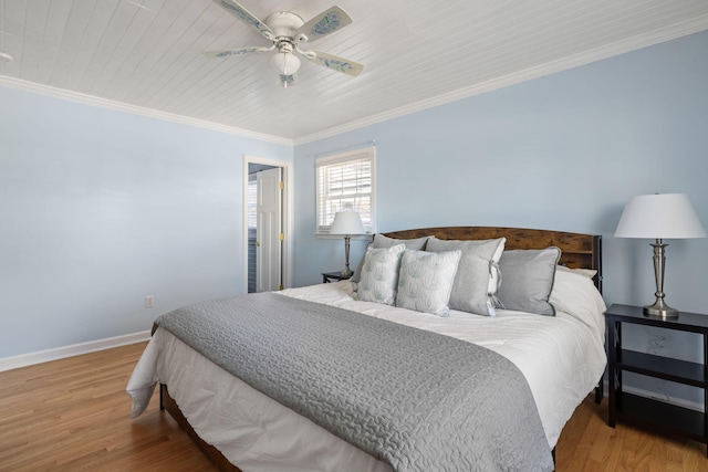 bedroom featuring ceiling fan, ornamental molding, wood-type flooring, and wooden ceiling