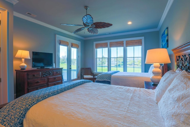 25 Ocean Point Dr, Isle Of Palms, SC 29451 - bedroom featuring access to exterior, crown molding, a ceiling fan, and recessed lighting
