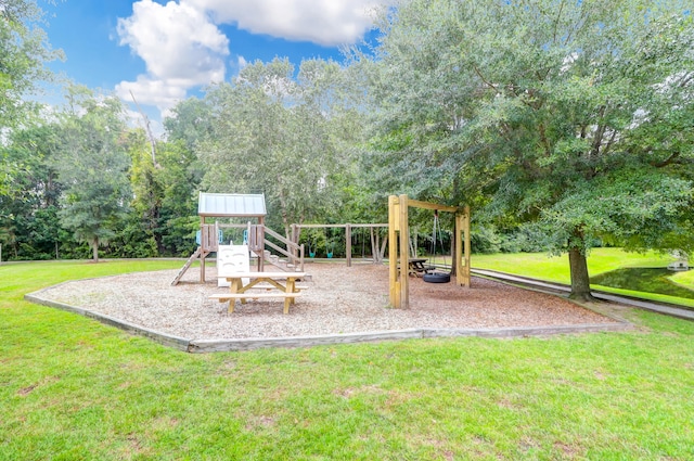 view of play area featuring a lawn